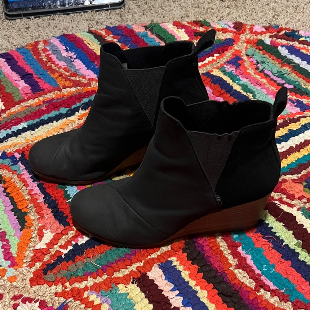 Toms Black Ankle Booties with Brown Heel